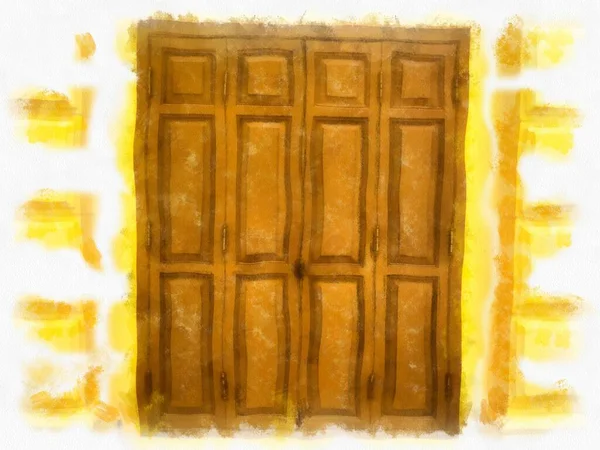 Starożytny Żółty Budynek Europejskiej Architektury Drewniane Drzwi Okna Akwarela Styl — Zdjęcie stockowe