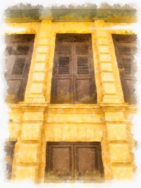 Avrupa mimarisinin antik sarı binasında ahşap kapılar ve pencereler suluboya resim çizimi izlenimcisi.