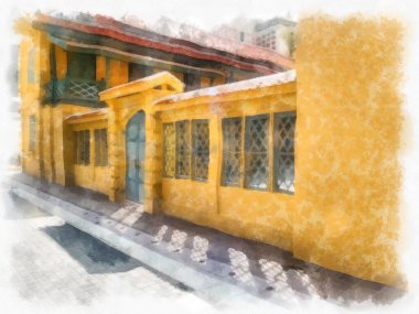 Avrupa mimarisinin antik sarı binasında ahşap kapılar ve pencereler suluboya resim çizimi izlenimcisi.