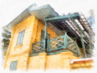 Avrupa mimarisinin antik sarı binasında ahşap kapılar ve pencereler suluboya resim çizimi izlenimcisi.