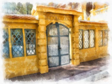 Avrupa mimarisinin antik sarı binasında ahşap kapılar ve pencereler suluboya resim çizimi izlenimcisi.