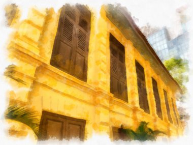 Avrupa mimarisinin antik sarı binasında ahşap kapılar ve pencereler suluboya resim çizimi izlenimcisi.