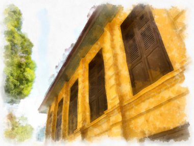 Avrupa mimarisinin antik sarı binasında ahşap kapılar ve pencereler suluboya resim çizimi izlenimcisi