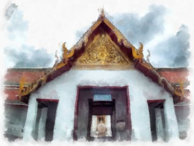 Orta Tayland mimarisinde Wat Sa Bangkok Tayland 'da antik binalar suluboya resim çizimi