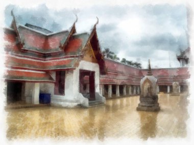 Orta Tayland mimarisinde Wat Sa Bangkok Tayland 'da antik binalar suluboya resim çizimi