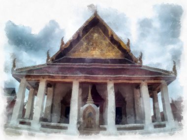 Orta Tayland mimarisinde Wat Sa Bangkok Tayland 'da antik binalar suluboya resim çizimi