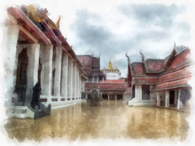 Orta Tayland mimarisinde Wat Sa Bangkok Tayland 'da antik binalar suluboya resim çizimi