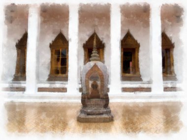 Orta Tayland mimarisinde Wat Sa Bangkok Tayland 'da antik binalar suluboya resim çizimi