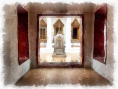 Orta Tayland mimarisinde Wat Sa Bangkok Tayland 'da antik binalar suluboya resim çizimi