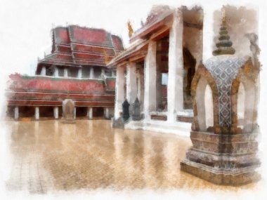 Orta Tayland mimarisinde Wat Sa Bangkok Tayland 'da antik binalar suluboya resim çizimi