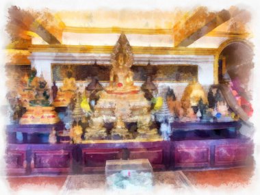 Orta Tayland mimarisinde Wat Sa Bangkok Tayland 'da antik binalar suluboya resim çizimi