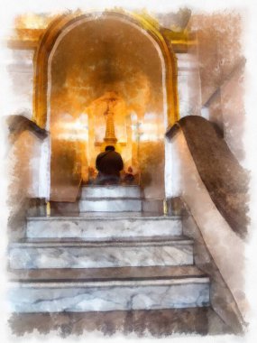 Orta Tayland mimarisinde Wat Sa Bangkok Tayland 'da antik binalar suluboya resim çizimi