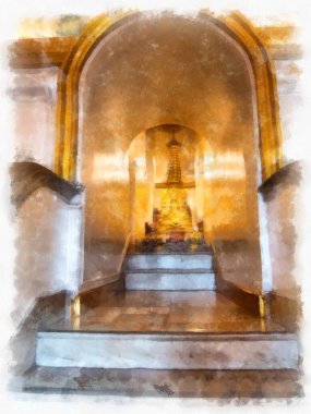 Orta Tayland mimarisinde Wat Sa Bangkok Tayland 'da antik binalar suluboya resim çizimi