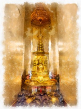 Orta Tayland mimarisinde Wat Sa Bangkok Tayland 'da antik binalar suluboya resim çizimi