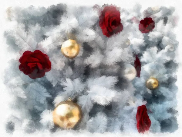 Pinho Natal Branco Decorado Com Flores Vermelhas Aquarela Estilo Ilustração — Fotografia de Stock