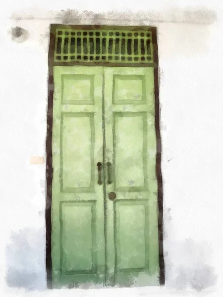 Light Green Antique Wooden Door European Art Architecture Watercolor Style — Stock Photo, Image