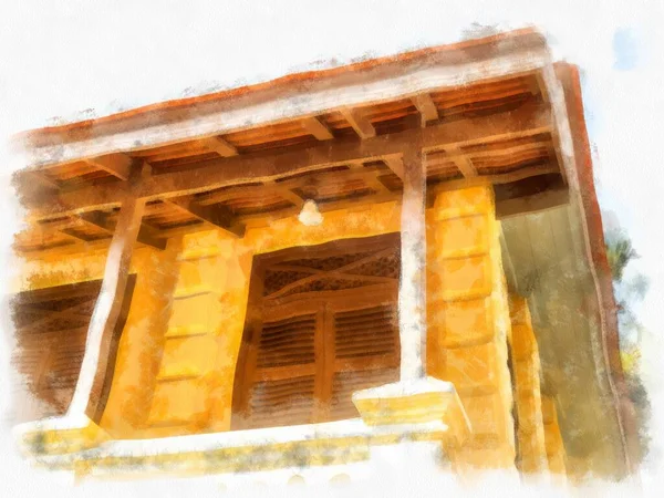 Antigo Edifício Amarelo Arquitetura Europeia Tem Portas Madeira Janelas Estilo — Fotografia de Stock