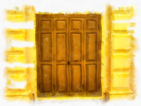 Αρχαίο Κίτρινο Κτίριο Της Ευρωπαϊκής Αρχιτεκτονικής Έχει Ξύλινες Πόρτες Και — Φωτογραφία Αρχείου