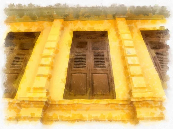 Das Alte Gelbe Gebäude Der Europäischen Architektur Hat Holztüren Und — Stockfoto