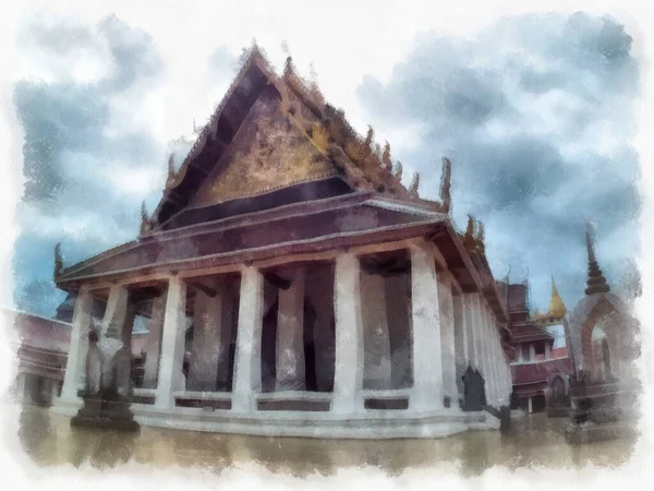 Ancient Buildings Central Thai Architecture Wat Bangkok Thailand Watercolor Style — Stock Photo, Image
