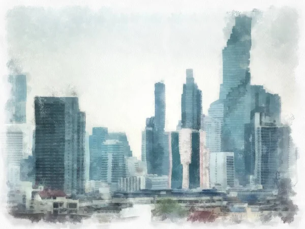 Bangkok Cidade Paisagem Tailândia Aquarela Estilo Ilustração Impressionista Pintura — Fotografia de Stock