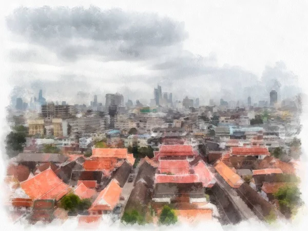 曼谷城市景观泰国水彩画风格印象派绘画 — 图库照片