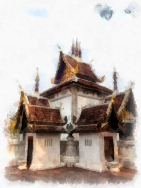 Chiang Mai Tayland 'daki antik kuzey mimarisinin peyzajı suluboya resim çizimi izlenimcisi.