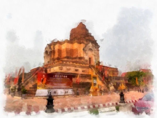 Пейзаж Древней Северной Архитектуры Чиангмай Таиланд Акварель Стиль Иллюстрации Импрессионистской — стоковое фото