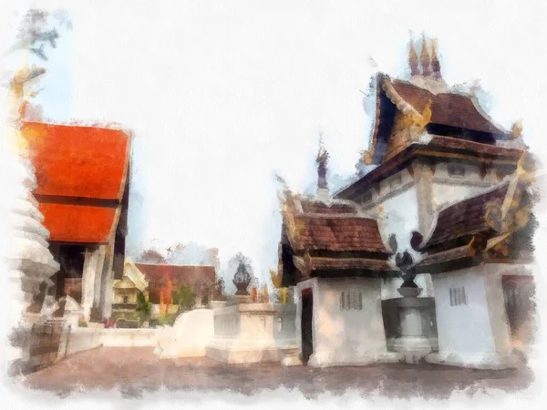 清迈北部古建筑景观 泰国水彩画风格图解 — 图库照片