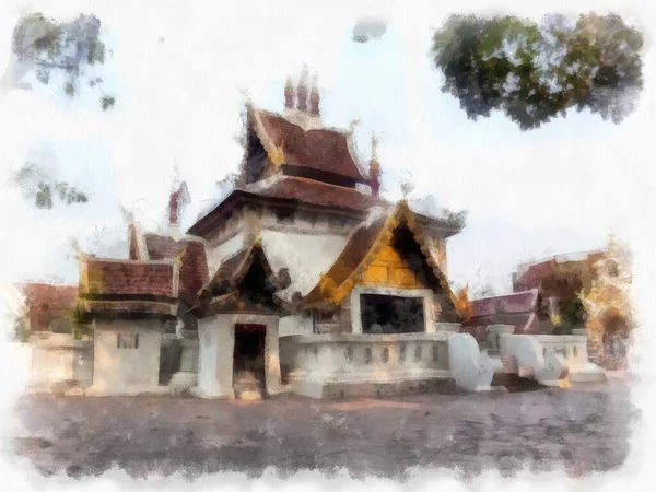 チェンマイの古代北建築の風景タイの水彩画スタイルのイラスト印象派絵画 — ストック写真