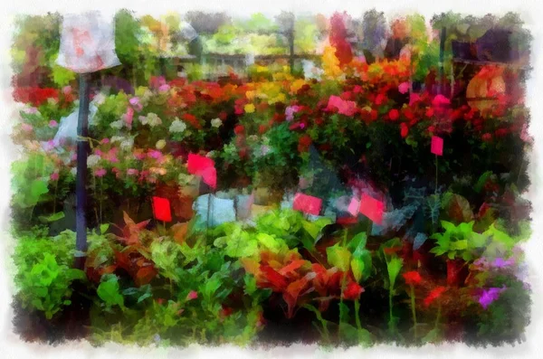 Many Colorful Plants Flowers Plant Shop Watercolor Style Illustration Impressionist — Stock Photo, Image