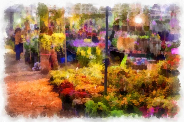 许多五彩斑斓的植物和花卉在植物园水彩画风格中体现了印象派绘画风格 — 图库照片