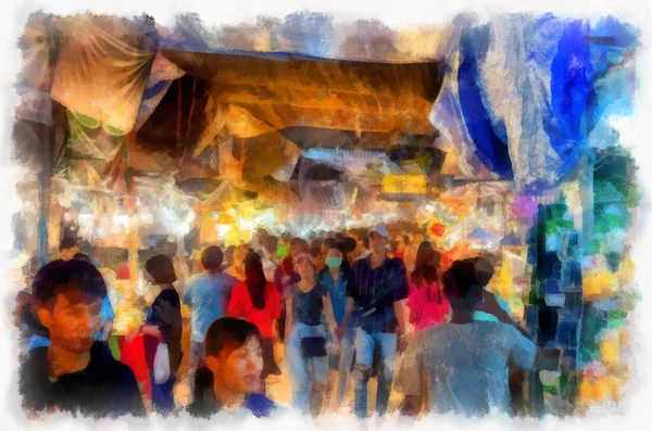 Paysage Marché Marche Nuit Pendant Les Vacances Aquarelle Style Illustration — Photo