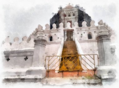 Bangkok 'taki antik kalenin manzarası suluboya resim çizimi.