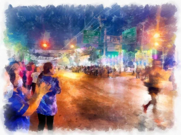 街头体育观众对马拉松赛水彩画的印象深刻 — 图库照片