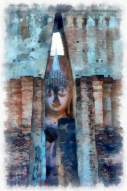 Sukhothai Dünya Mirası Sitesi 'ndeki antik harabelerin manzarası Tayland suluboya resim çizimi