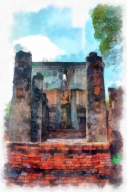 Sukhothai Dünya Mirası Sitesi 'ndeki antik harabelerin manzarası Tayland suluboya resim çizimi