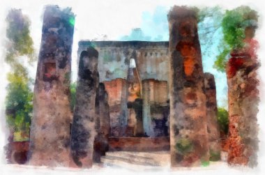 Sukhothai Dünya Mirası Sitesi 'ndeki antik harabelerin manzarası Tayland suluboya resim çizimi