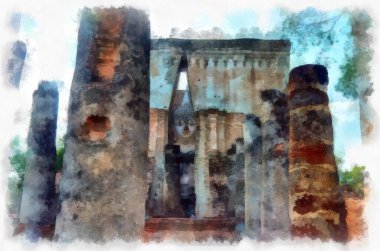 Sukhothai Dünya Mirası Sitesi 'ndeki antik harabelerin manzarası Tayland suluboya resim çizimi