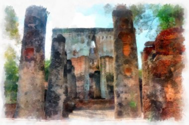 Sukhothai Dünya Mirası Sitesi 'ndeki antik harabelerin manzarası Tayland suluboya resim çizimi