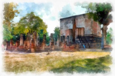 Sukhothai Dünya Mirası Sitesi 'ndeki antik harabelerin manzarası Tayland suluboya resim çizimi