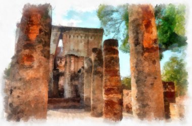 Sukhothai Dünya Mirası Sitesi 'ndeki antik harabelerin manzarası Tayland suluboya resim çizimi