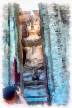 Sukhothai Dünya Mirası Sitesi 'ndeki antik harabelerin manzarası Tayland suluboya resim çizimi