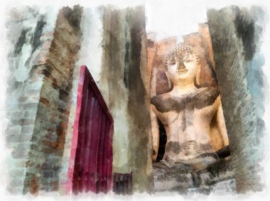 Sukhothai Dünya Mirası Sitesi 'ndeki antik harabelerin manzarası Tayland suluboya resim çizimi