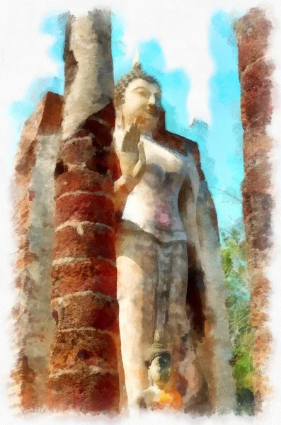 Landschap Van Oude Ruïnes Sukhothai World Heritage Site Thailand Aquarel — Stockfoto