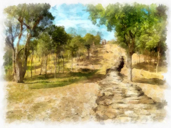 Τοπίο Της Πέτρας Walkway Μέχρι Βουνό Ακουαρέλα Στυλ Εικονογράφηση Ιμπρεσιονιστική — Φωτογραφία Αρχείου