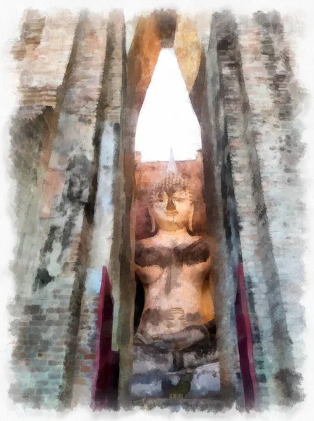 Paisaje Ruinas Antiguas Sukhothai Patrimonio Humanidad Tailandia Acuarela Estilo Ilustración —  Fotos de Stock