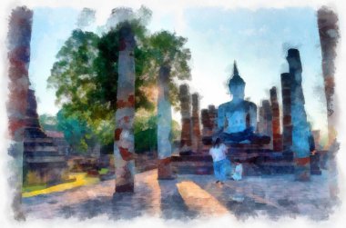 Sukhothai Dünya Mirası Sitesi 'ndeki antik harabelerin manzarası Tayland suluboya resim çizimi.