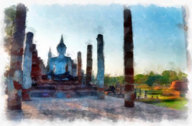 Sukhothai Dünya Mirası Sitesi 'ndeki antik harabelerin manzarası Tayland suluboya resim çizimi.