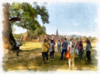 Sukhothai Dünya Mirası Sitesi 'ndeki antik harabelerin manzarası Tayland suluboya resim çizimi.